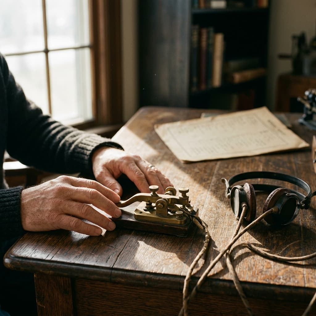 Hands wearing headphones near a brass telegraph key on an old oak desk with a Morse chart face-down
