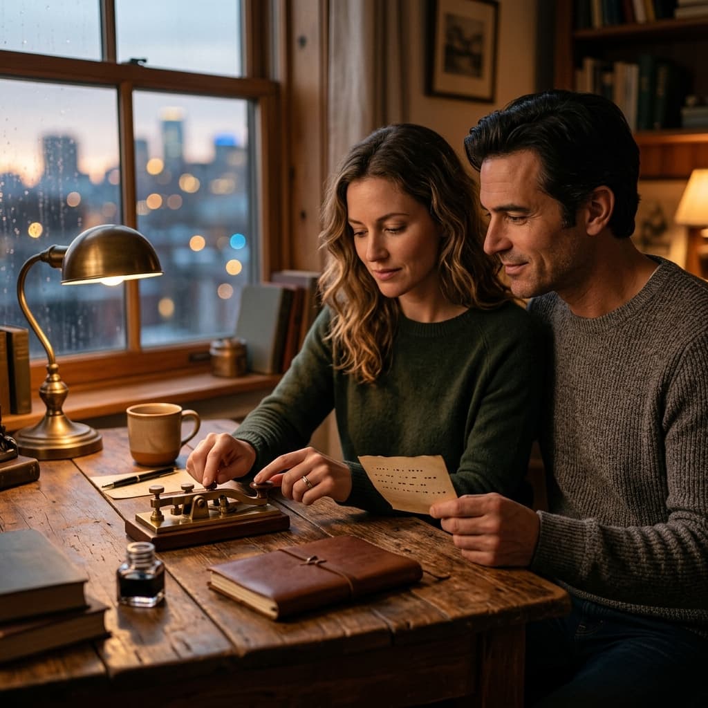 Two people sitting together at a cozy wooden desk near a window during dusk, gently tapping a vintage telegraph key