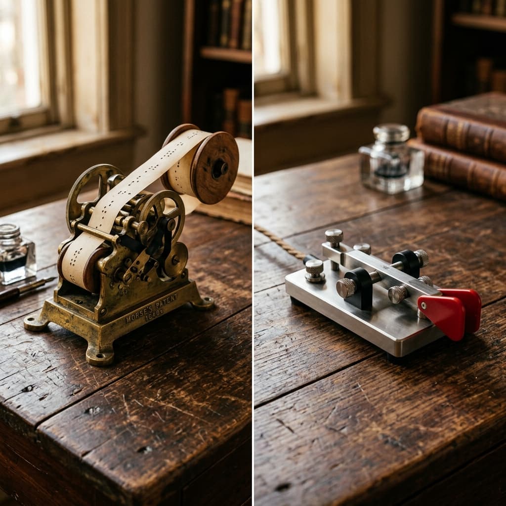 Split-composition on rustic desk: 1840s brass paper-tape telegraph register on left, modern CW paddle key on right