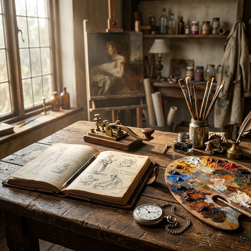 19th-century artist studio desk with a brass telegraph key, leather-bound sketchbook, and oil paints
