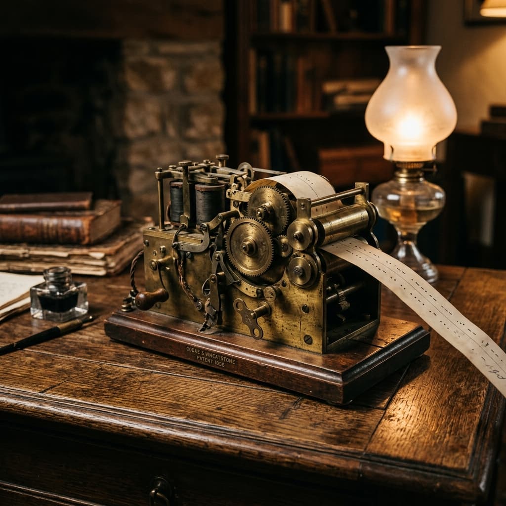 Samuel Morse and Alfred Vail demonstrating the first telegraph in 1838