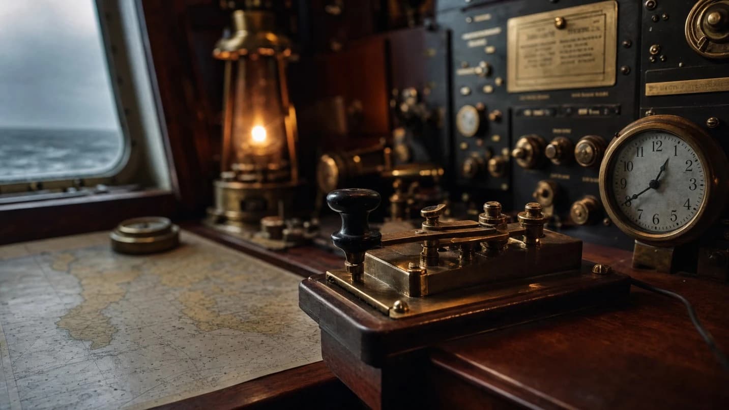 Vintage marine radio room inside a ship cabin with a brass telegraph key, ship clock, and sea navigation map in soft warm lantern light
