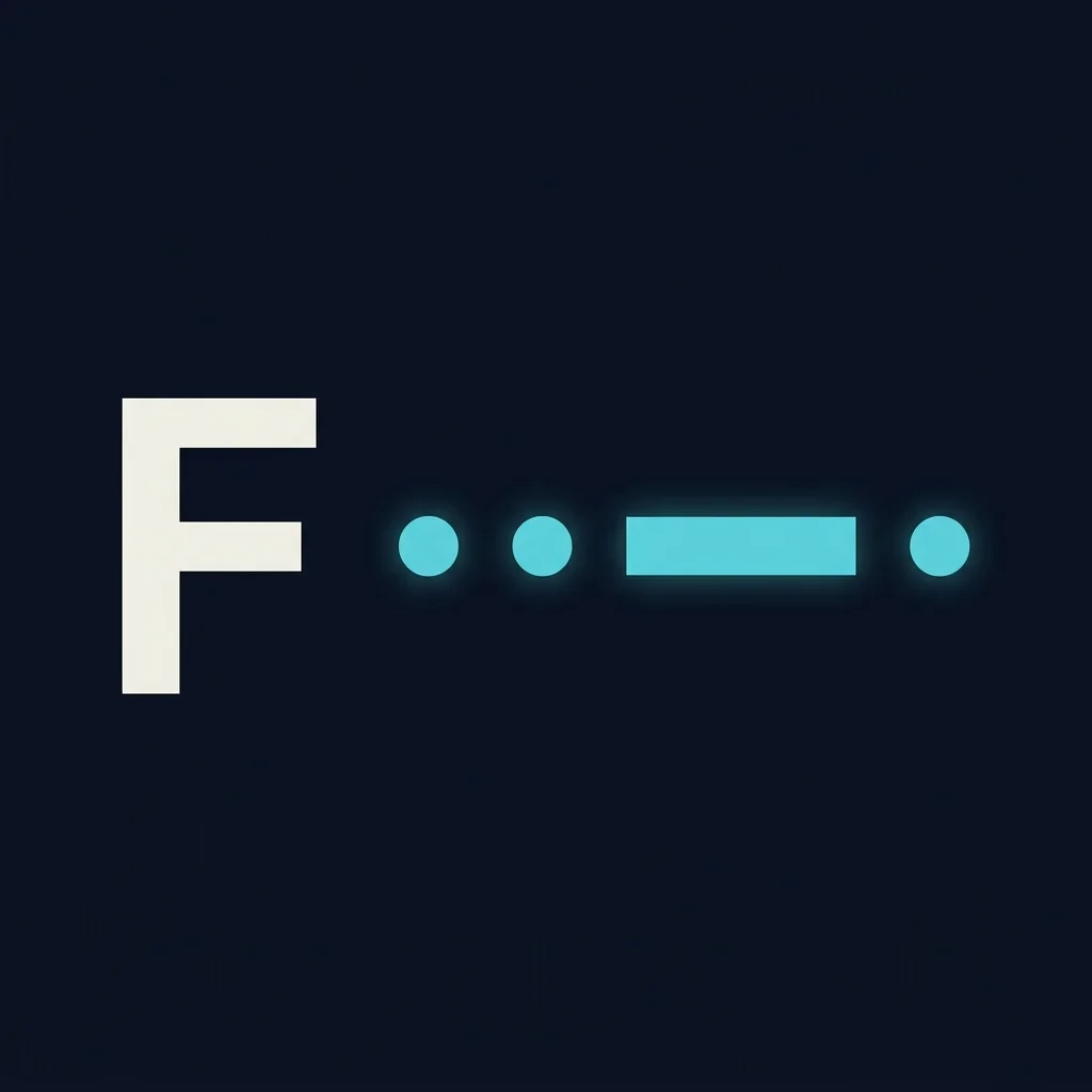 The letter F alongside its Morse code pattern — two dots, a dash, and a dot — shown as three small circles and one long bar on a dark navy background